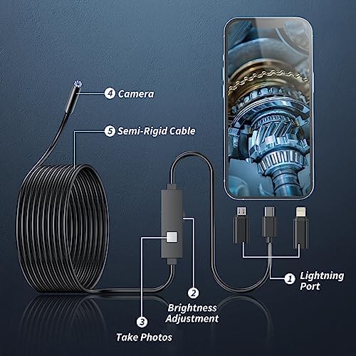 Kinpthy Endoscope Camera with Light,1920P HD Borescope Tools with 8 Adjustable LED Lights, Endoscope with Semi-Rigid Snake Camera, Inspection Borescope for iOS and Android-16.4ft Single Lens