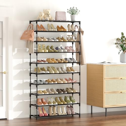 LANTEFUL 10 Tiers Shoe Rack Large Capacity Tall Shoe Organizer Sturdy Shoe Storage with Two Hooks Space Saving Metal Wide Shoe Rack for Closet, Entryway, Bedroom, Black