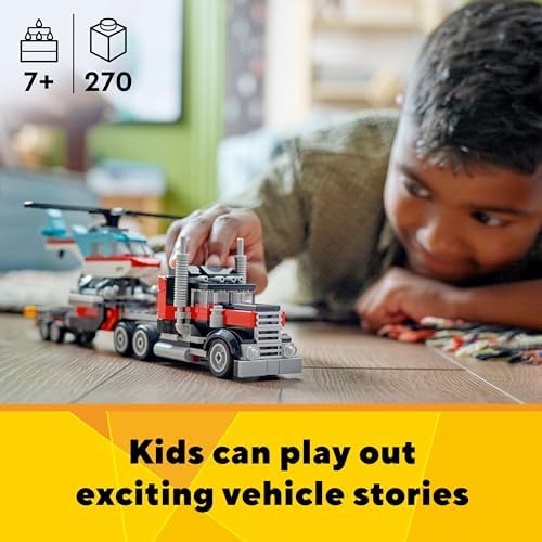 LEGO Creator 3 in 1 Flatbed Truck with Helicopter Toy, Transforms from Flatbed Truck Toy to Propeller Plane to Hot Rod and SUV Cars, Gift Idea for Boys and Girls Ages 7 Years Old and Up, 31146