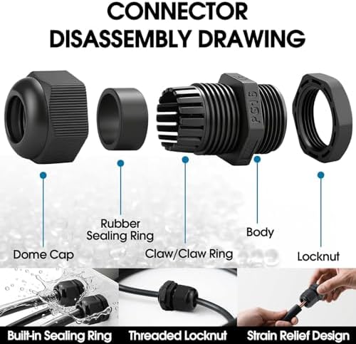 25 Pack Cable Gland Kit – IP68 Waterproof Nylon Cord Grip Connectors PG7 to PG16 for Junction Box and Wire Protection (Black)