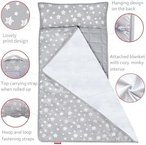 Moonsea Toddler Nap Mat with Pillow and Fleece Minky Blanket Grey