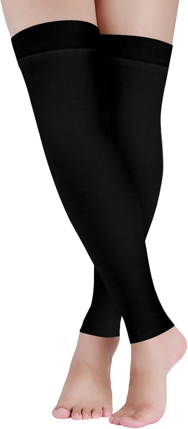 Lin Performance 15-20 mmHg Compression Stockings for Women & Men, Thigh High Dot-Top Open Toe, Leg Support for Daily & Travel Comfort Socks (Beige,M)