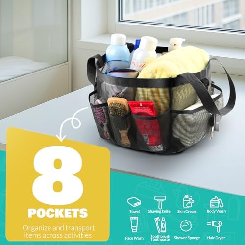 LOYEE Mesh Shower Caddy Portable for College Dorm Room Essentials with 8 Pockets, Shower Bag for Beach, Swimming, Gym, Travel, Bathroom(Black)