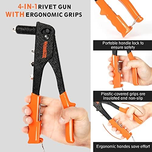 Rivet gun,Professional Pop Rivet Gun Kit with 200Pcs Rivets, 3/32"-1/8"-5/32"-3/16", Heavy Hand Riveter kit Suitable for Metal work, Gutter, Automotive and other common DIY projects