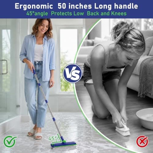 Floor Scrub Brush with Long Handle & Squeegee for Bathroom