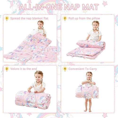 Lasoftan Toddler Nap Mat with Pillow and Blanket, Extra Large Rolled Napping Mats,Slumber Bags for Boys Girls,Kids Sleeping Bag for Daycare, Preschool Travel Camping