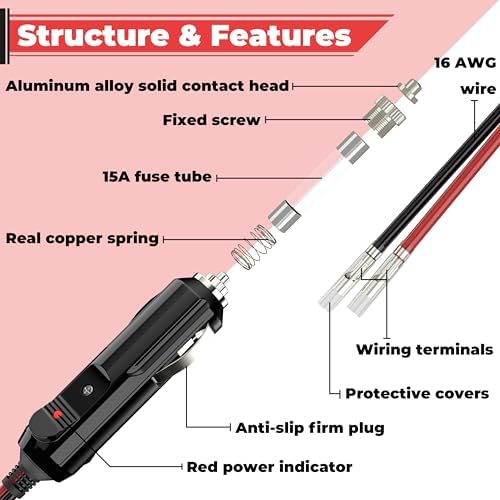 BFXM 12V Cigarette Lighter Plug with 16AWG 1FT Wire (2 Pack)