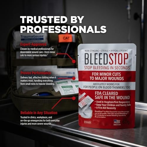 BleedStop™ First Aid Powder for Blood Clotting, Trauma Kit, Blood Thinner Patients, Camping Safety, and Survival Equipment for Moderate to Severe Bleeding Wounds or Nosebleeds 5 Pack 15g
