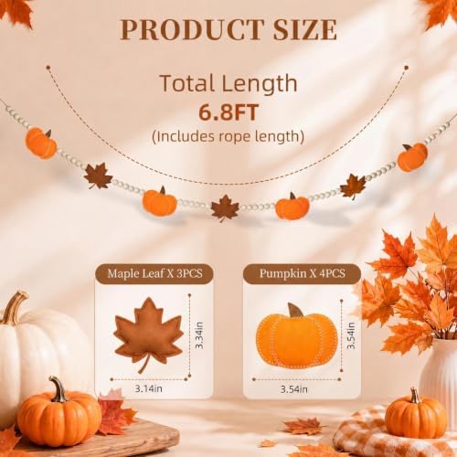 6.8 FT Fall Pumpkin Garland with Maple Leaves and Wood Beads, Autumn Decor