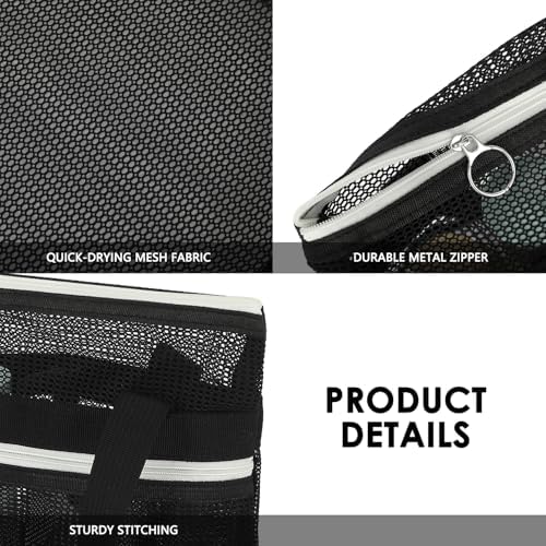 GYEUKHAM Mesh Shower Bag with 2 Zipper Pockets & Dual Handles, Quick-Drying Hanging Shower Caddy for College Essentials,Sunscreen,Dorm, Gym, Travel & Camping, Black