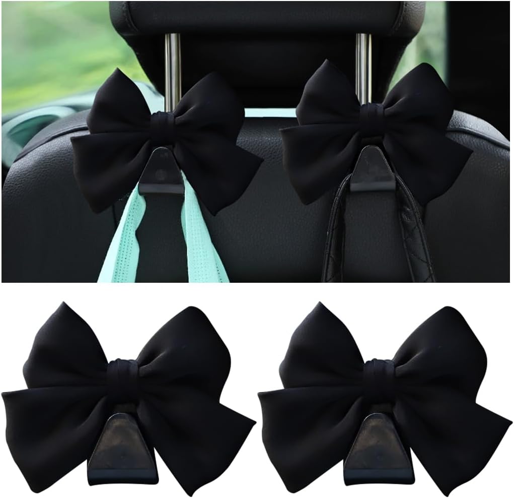 Mandark 2PCS Bow Car Headrest Hooks for Bags, Black Line