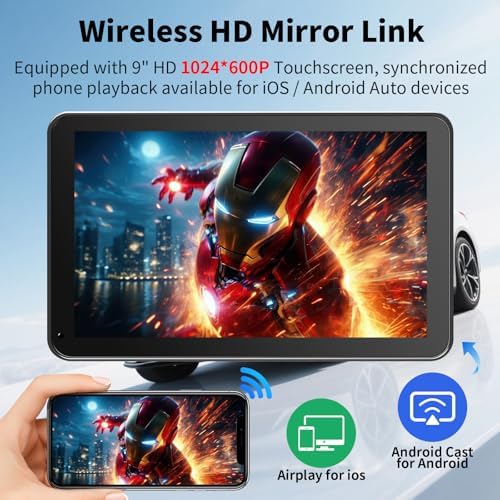 CarPlay Screen for Car, 9'' Wireless CarPlay & Android Auto - Smart Portable Touchscreen with Bluetooth/FM, Mirror Link, Voice Control, GPS Navigation, Hands-Free Calling, Plug & Play Car Play Screen
