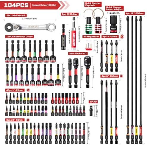 Geinxurn 82Pieces Impact Screwdriver Bits Set, Magnetic S2 Steel Phillips/Square/Torx/Hex Insert Power Bits Tips with Impact Bit Holder and Impact Nut Driver and Mini Wrench
