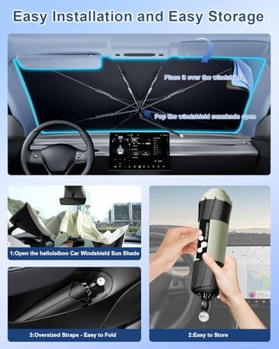 helloleiboo Car Windshield Sun Shade Umbrella 57" x 32", Windshield Sun Shade Foldable with 5-Layer Thickened Vinyl Coating Reflective Heat & UV Protection Fits Most Sedans & Compact SUVs