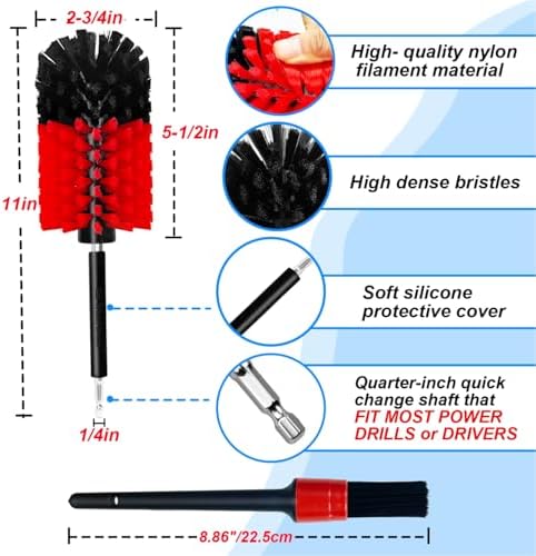 Wheel Brush Kit, Soft Drill Wheel Cleaner Brush, No Scratches Highly Dense Car Cleaning Brush Set for Wheels, Rims, Engines, Exhaust(Red/Black,2Pcs)