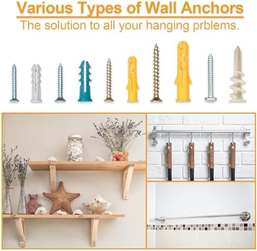 KURUI Drywall Anchors Assortment Kit for Sheetrock Concrete Brick, 350Pcs Wall Anchors and Flat Head Screws, 5 Sizes Picture Hanging Set for Bedroom/Office Wall Art Decor, House Warming Gifts New Home