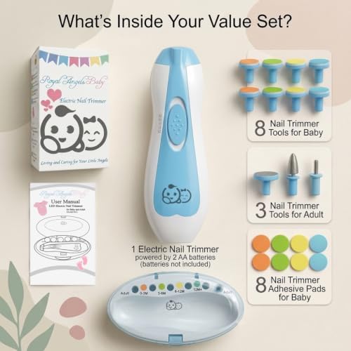 Royal Angels Upgraded 21 in 1 Baby Nail Trimmer with Labeled Case, 13 Extra Replacement Pads, Safe Electric Baby Nail File Kit for Newborns & Toddlers, Whisper Quiet Nail Clipper with LED Light (Blue)
