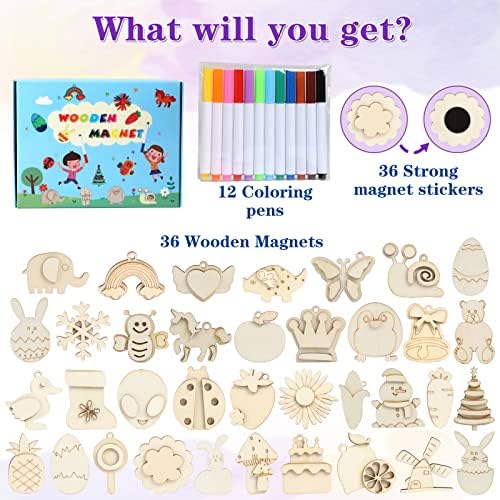 DIY Wooden Magnet 36 Art Craft Supplies Painting Kit for Kids Ages 4-8 8-12