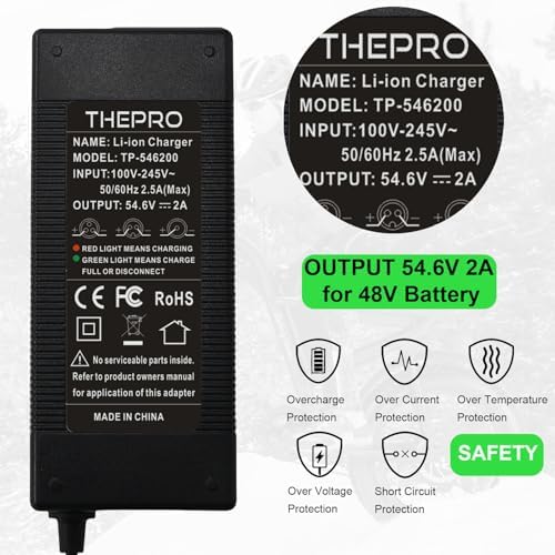 THEPRO 54.6V 2A Battery Charger for 48V Lithium Battery, Universal 54.6V Power Adapter Chargers, 5.5mm DC Connector for 2.5mm/2.1mm