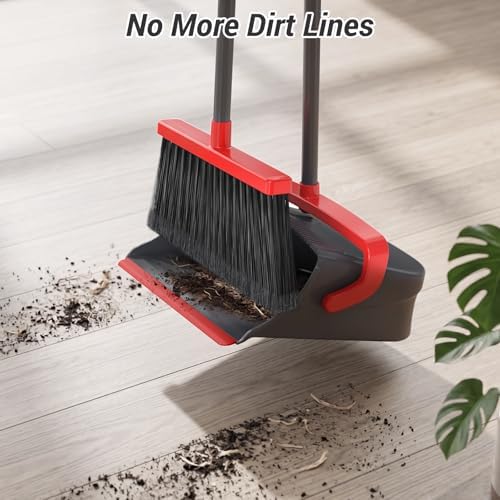 Broom with Dustpan Set for Pet Hair & Dust Cleanup, Red & Gray