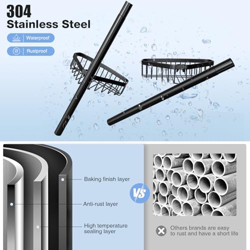 Corner Shower Caddy Tension Pole: Adjustable Rustproof 4-Tier Inside Bathroom Organizer - 47-121 inch Quick Installation Bathtub Shelves for Shampoo Storage - Rod Floor Standing Bath Rack - Black