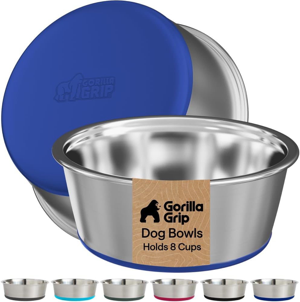 GORILLA GRIP Dog Bowls, Food Grade Stainless Steel, Set of 2, 2 Cup, Black | 304 Stainless Steel Pet Feeding Bowls Hold 16 fl oz Each, Dishwasher Safe, Rust Resistant, BPA Free Rubber Base