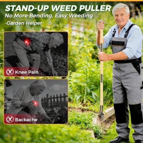 Weed Puller Tool, Stand Up Heavy Duty Weed Remover Tool with Long Handle – 4-Claw Steel Head Weeder for Dandelions, Bamboo Garden Hand Weeding Tool, No Kneeling for Easy Root Removal