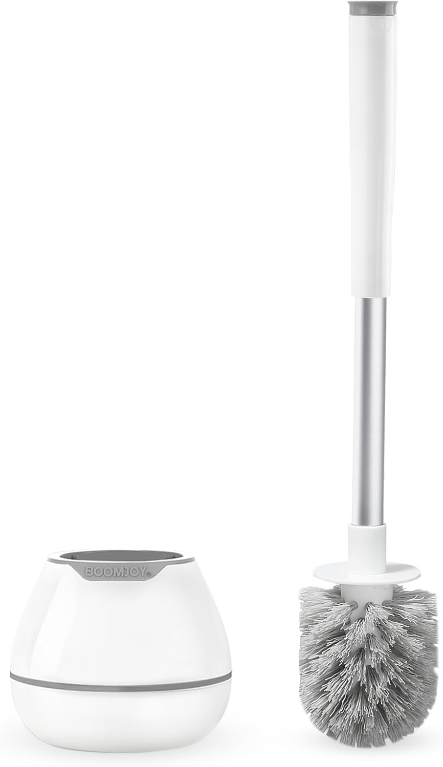BOOMJOY Toilet Brush and Holder Set, Silicone Toilet Bowl Cleaner Brush, Bathroom Cleaning Bowl Kit with Tweezers, Bathroom Accessories with Aluminum Handle - White