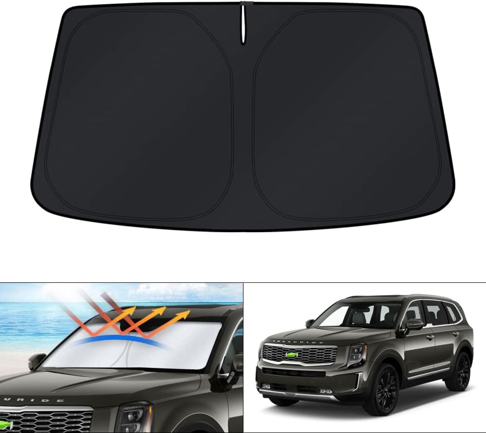 KUST Windshield Sun Shade for 2017-2026 Tesla Model Y/Model 3 Sunshade Accessories (Fit 2025-2026 Model Y Juniper / 2024 Model 3 Highland) Upgraded Foldable Sunshade, Blocks UV Rays Keep Car Cool