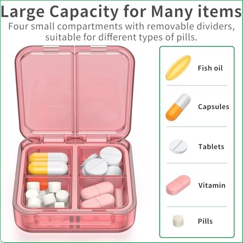 Small Pill Box,4 Compartments Travel Pill Case, Portable Pill Organizer,Mini Pill Container for Pocket,Daily Compact Travel Medicine Holder for Vitamins Fish Oil and Supplement Storage(Pink+Purple)