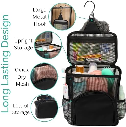 TERRA HOME Original Portable Shower Caddy For College Dorms - Foldable Mesh Tote - Dorm Room Essentials - Durable Hanging Travel Shower Bag - Perfect for College Students, Men, Women (Black)