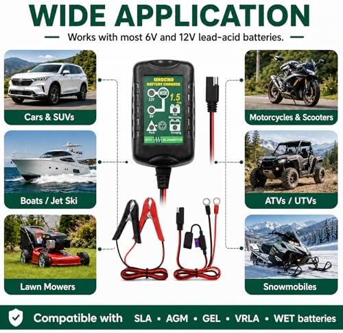 Unocho 6V/12V Battery Charger Maintainer 1.5A Automatic Trickle Charger Smart Float Charger for Car Motorcycle Lawn Mower Boat ATV Snowmobile Lead-Acid AGM GEL SLA VRLA WET Batteries