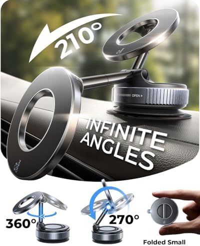 MRGLAS 2026 Upgraded for MagSafe Vacuum Car Phone Mount, 2800gf Strong Magnetic Phone Holders for Your Car, 360° Adjustable 98LBS Suction Cup Car Mount, Car & Truck Accessory for iPhone 12–17 Pro Max