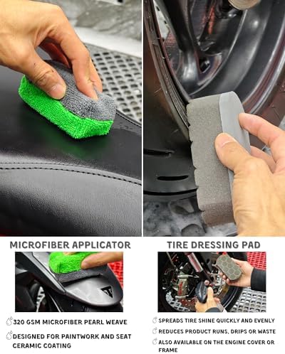 oesee 8 Pack Motorcycle Cleaning Kit - Professional Safe for Chrome/Engine/Tires, Hard Reach Brush, Microfiber Mitt, Detailing Tools, Drying Towel & Wax Applicators