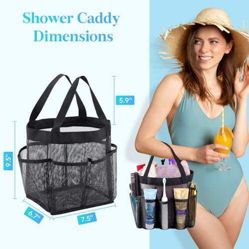 Lifewit Mesh Shower Caddy Portable for College Dorm Room Essentials with 7 Pockets, Freestanding Hanging Organizer Basket, Quick Dry Tote Bag for Camping, Bathroom, Beach, Travel, 1 Pack, Black