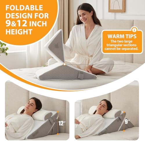 Ruqmuis Wedge Pillow Set for After Surgery, 3PCS Adjustable 9&12 Inch Bed Wedge Pillow for Sleeping, Incline Pillow Wedge for Headboard, Post Surgery, Acid Reflux, Neck&Back Support, White/Grey