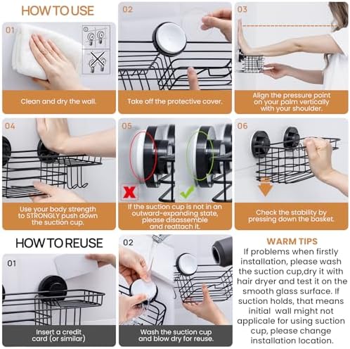 LEVERLOC Shower Caddy Suction Cup, 2 Pack Suction Shower Shelf With Hooks