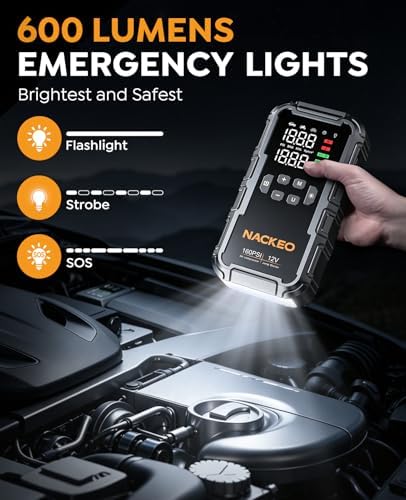 8000A Car Battery Jump Starter with Air Compressor 160PSI, Car Jumper Starter Portable (All Gas 12L Diesel), 12V Jump Box Car Battery with 600LM Light, Jumper Cables, Large LCD Display, Power Bank