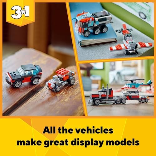 LEGO Creator 3 in 1 Flatbed Truck with Helicopter Toy, Transforms from Flatbed Truck Toy to Propeller Plane to Hot Rod and SUV Cars, Gift Idea for Boys and Girls Ages 7 Years Old and Up, 31146