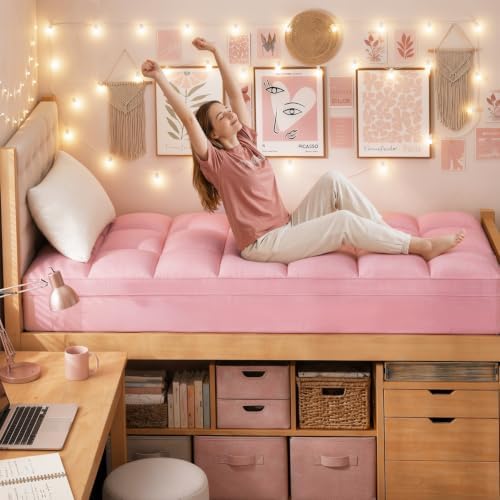 ELEMUSE Pink Twin XL Mattress Topper for College Dorm, Plush Pillow top