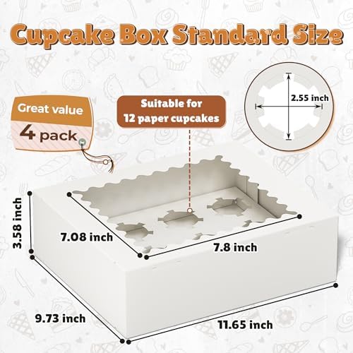 RYDDOY 4 Pack White Cupcake Boxes, Hold 12 Count Cupcake, Cupcake Carriers