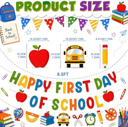 Back to School Decorations - Happy First Day of School Banner Sign Decor for Indoor Outdoor | Back To School Garland Backdrop - Hanging Classroom Decor Party Favors Supplies