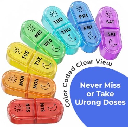 Odaro Weekly AM PM Pill Organizer 2 Times a Day, Removable Trays, Black