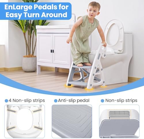 Primlect Potty Training Toilet, 2-in-1 Stable Potty Seat with Step Stool | Adjustable Seat and Step Height, Extra Wide Step, Anti-Slip Pad, Splash Guard, for Boys and Girls, Grey