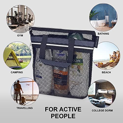 DV Lifestyle Mesh Shower Bag 10.2x9.9'' Quick-Dry Caddy with Zipper & 2 Pockets. Portable Toiletry Tote for Bathroom, Gym, Travel, Camp, Beach, for Sunscreen, Dorm & College Essentials (Black)