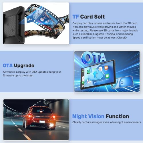 9" Wireless Apple Carplay Screen for Car with OTA Update, Backup Camera