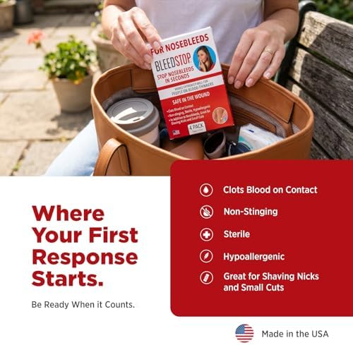 BleedStop™ Nosebleed Strips – Fast Acting Blood Coagulant Foam Inserts – Helps Clot Blood on Contact – Non-Stinging Sterile Hypoallergenic for Mild to Heavy Nosebleeds