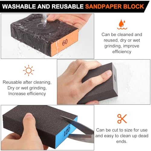 Romeda 8-Pack Sanding Sponge, Four Grits Per Pack 60/80/120/220, Washable and Reusable Handmade Sandpaper Block, Drywall Sandpaper Blocks for Wooden Drywall Sheetrock and Metal Glazing