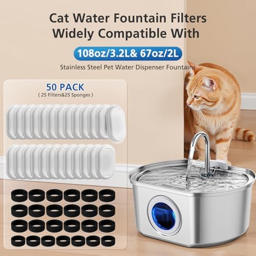 50 Pack Cat Water Fountain Filters for Stainless Steel Pet Water Dispenser