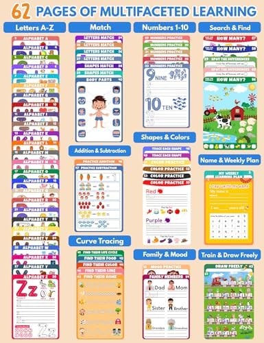 Preschool Learning Activities Educational Workbook, 62 Reusable Pages Pre Kindergarten Workbooks, Number Letter Tracing Books for Kids, Autism Learning Materials, ABC Busy Book for Kids Ages 3-7